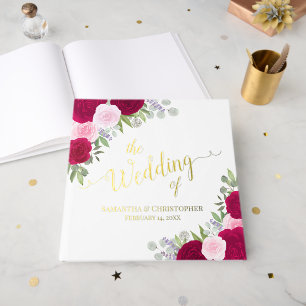 Elegant Magenta & Pink Boho Roses Foil Wedding Guest Book
