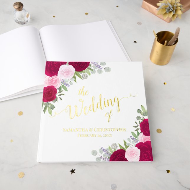 Elegant Magenta & Pink Boho Roses Foil Wedding Guest Book (Front Open)