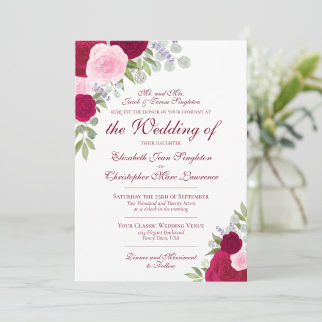 Elegant Magenta & Pink Boho Roses Formal Wedding Invitation (Standing Front)