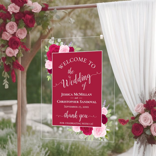 Elegant Magenta & Pink Boho Roses Wedding Welcome Acrylic Sign (Creator Uploaded)