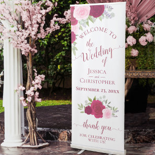 Elegant Magenta & Pink Boho Roses Wedding Welcome Retractable Banner