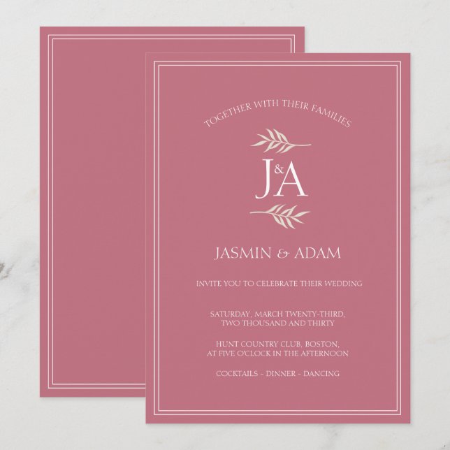 Elegant Magenta Pink Classic Initials Wedding  Invitation (Front/Back)