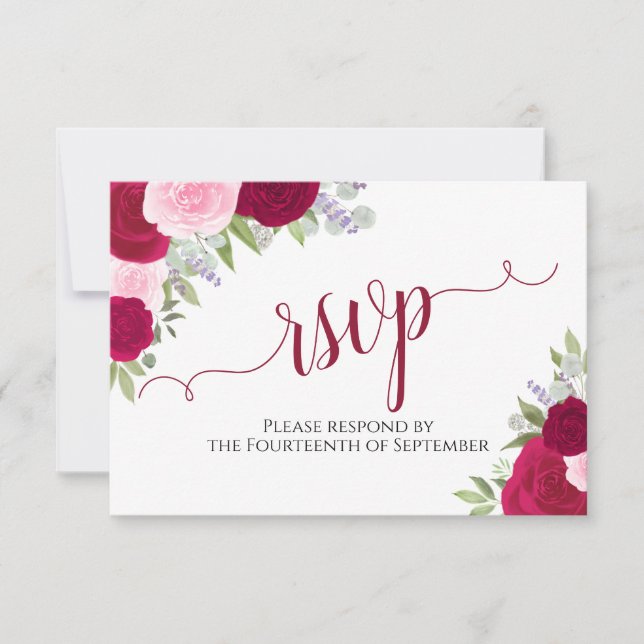 Elegant Magenta Pink Floral Calligraphy Wedding RSVP Card (Front)
