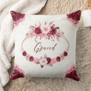  Elegant Magenta Pink Floral Gold Wreath Graced Cushion