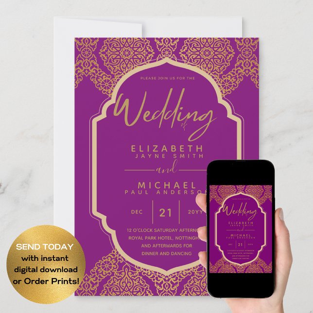 Elegant Magenta Pink Gold Ornate Wedding Invitation (Creator Uploaded)