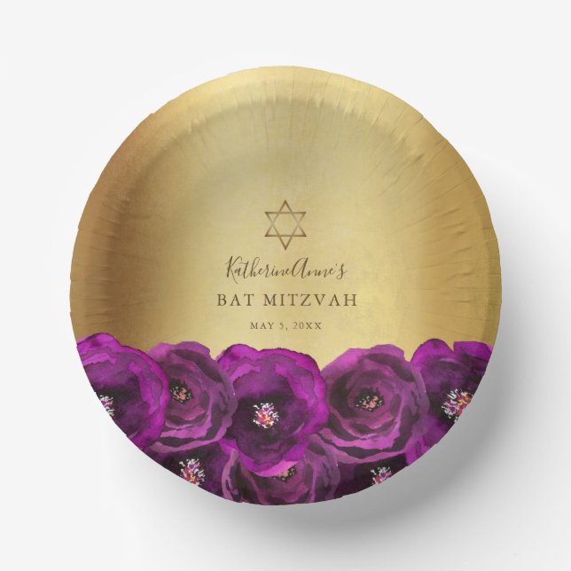 Elegant Magenta Pink Rose Floral Gold Bat Mitzvah Paper Plate (Front)