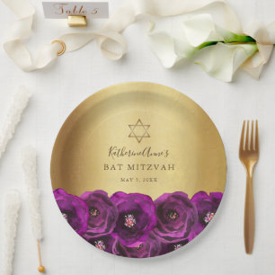Elegant Magenta Pink Rose Floral Gold Bat Mitzvah Paper Plate
