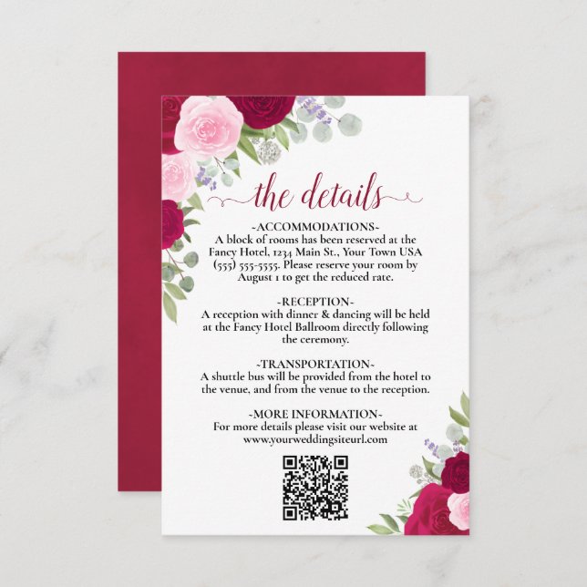 Elegant Magenta Pink Roses Wedding Details QR Code Enclosure Card (Front/Back)
