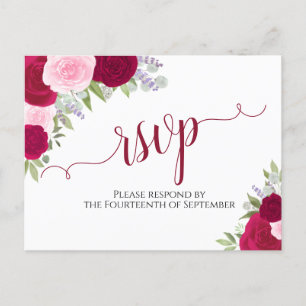 Elegant Magenta Pink Watercolor Roses Wedding RSVP Postcard