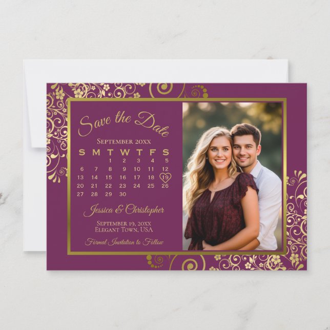 Elegant Magenta Plum & Gold Calendar Photo Wedding Save The Date (Front)