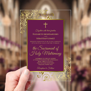 Elegant Magenta Plum & Gold Catholic Wedding Acrylic Invitations