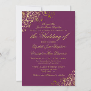 Elegant Magenta Plum & Gold Classy Formal Wedding Invitation