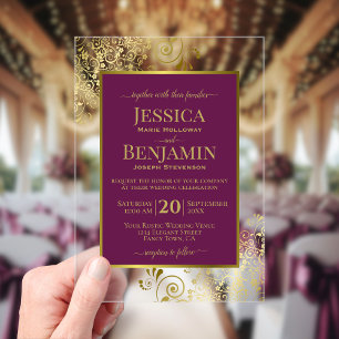 Elegant Magenta Plum & Gold Stylish Text Wedding Acrylic Invitations