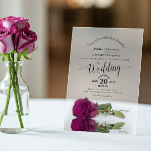 Elegant Magenta Plum Rose Lacy Calligraphy Wedding Acrylic Invitations