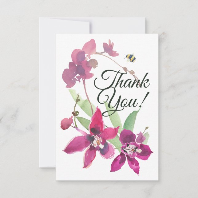 Elegant Magenta Purple Orchids Floral Bumblebee Thank You Card (Front)
