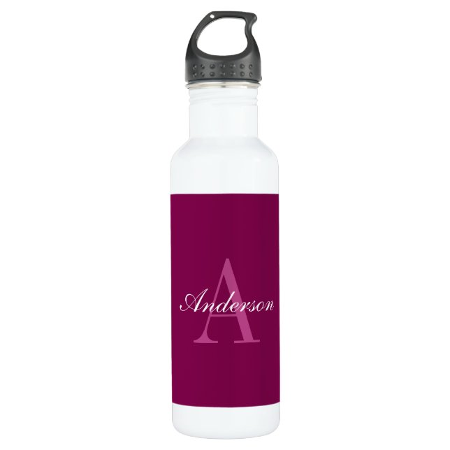 Elegant Magenta Red, Pink & White Name & Monogram 710 Ml Water Bottle (Front)
