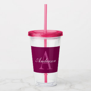 Elegant Magenta Red, Pink & White Name & Monogram Acrylic Tumbler