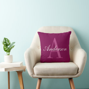 Elegant Magenta Red, Pink & White Name & Monogram Cushion