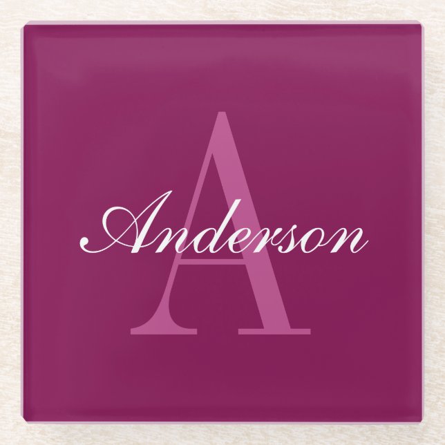 Elegant Magenta Red, Pink & White Name & Monogram Glass Coaster (Front)