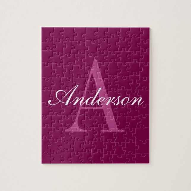 Elegant Magenta Red, Pink & White Name & Monogram Jigsaw Puzzle (Vertical)