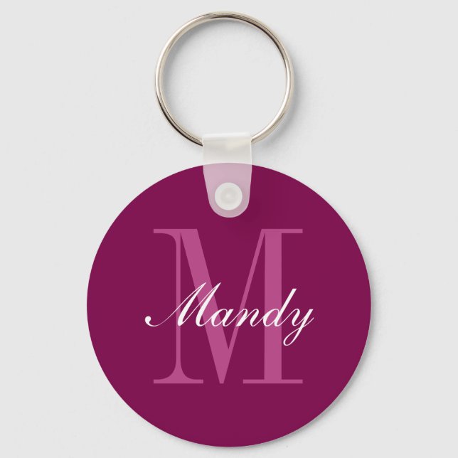Elegant Magenta Red, Pink & White Name & Monogram Key Ring (Front)