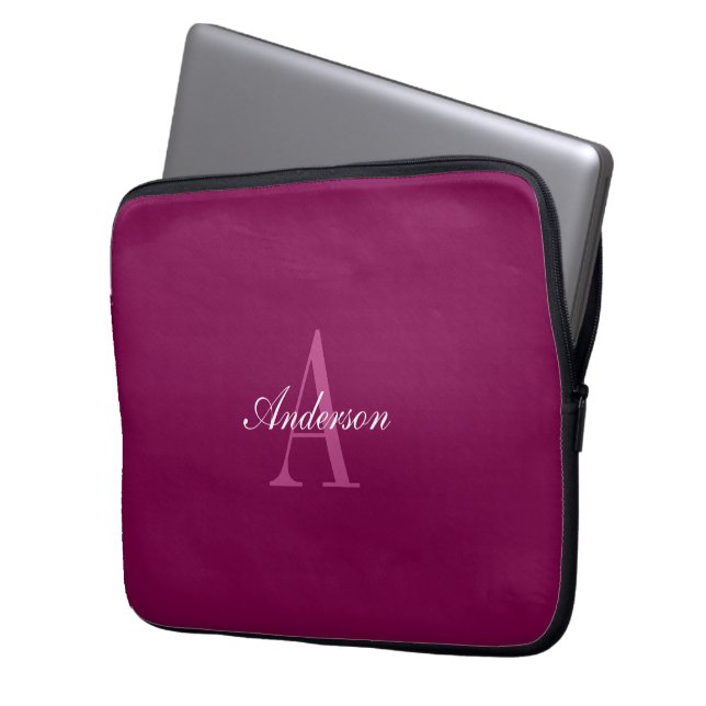 Elegant Magenta Red, Pink & White Name & Monogram Laptop Sleeve (Front Left)