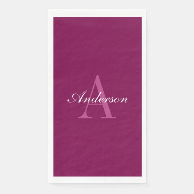 Elegant Magenta Red, Pink & White Name & Monogram Napkin (Front)