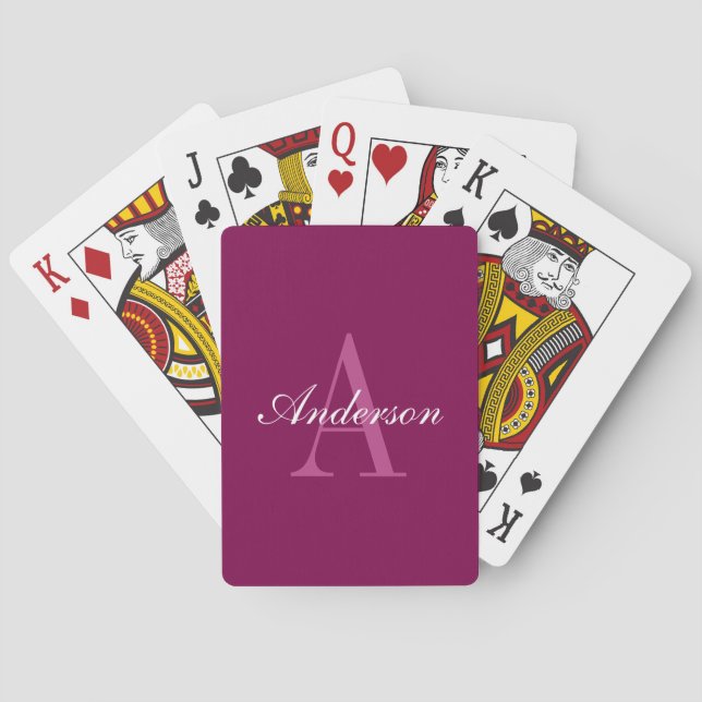 Elegant Magenta Red, Pink & White Name & Monogram Playing Cards (Back)