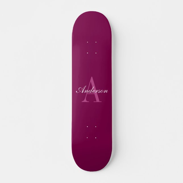Elegant Magenta Red, Pink & White Name & Monogram Skateboard (Front)