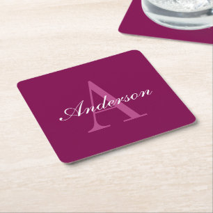 Elegant Magenta Red, Pink & White Name & Monogram Square Paper Coaster