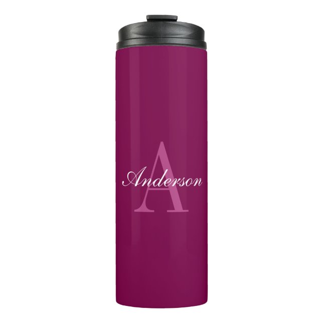 Elegant Magenta Red, Pink & White Name & Monogram Thermal Tumbler (Front)