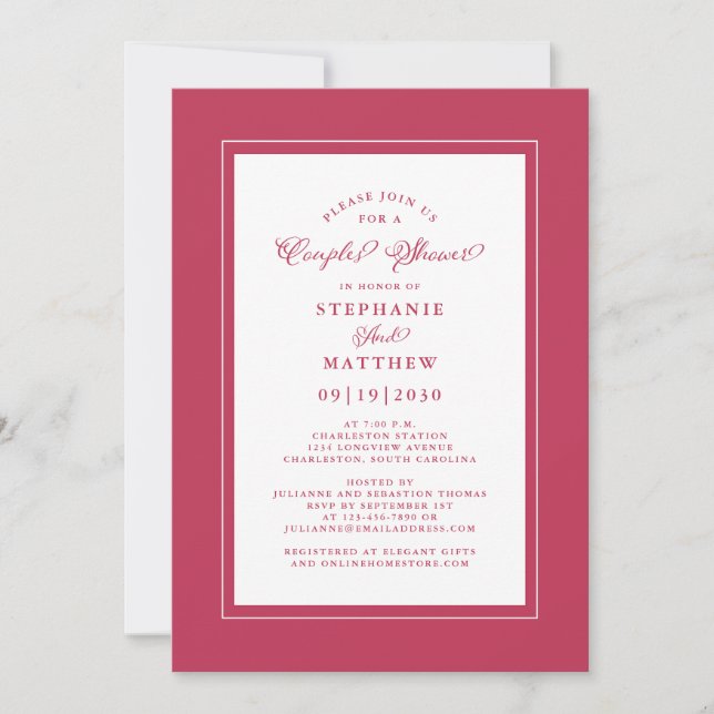 Elegant Magenta Red White Wedding Couples Shower Invitation (Front)