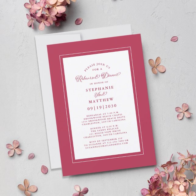 Elegant Magenta Red White Wedding Rehearsal Dinner Invitation (Creator Uploaded)