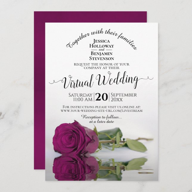 Elegant Magenta Reflecting Rose Virtual Wedding Invitation (Front/Back)