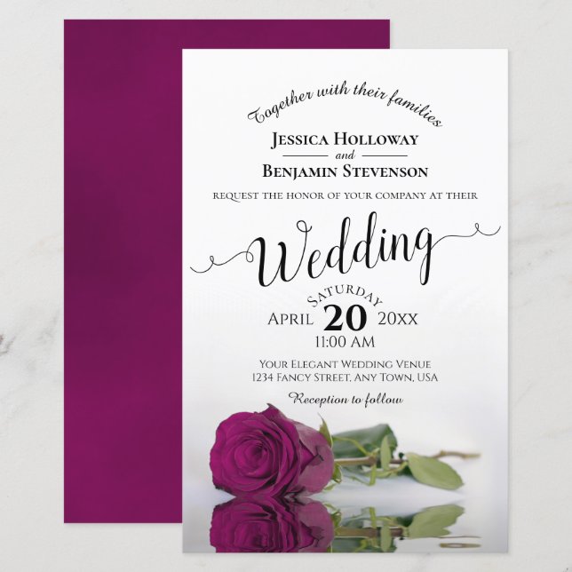 Elegant Magenta Rose BUDGET Wedding Invitation (Front/Back)