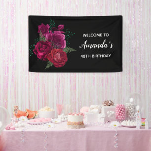 Elegant Magenta Rose Floral Bouquet Birthday Banner