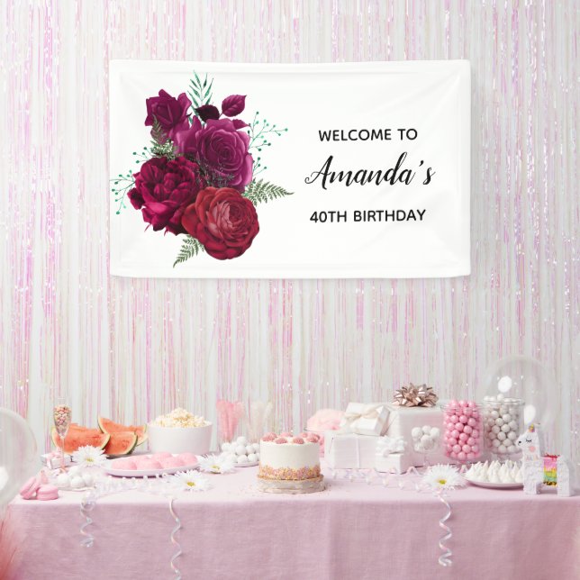 Elegant Magenta Rose Floral Bouquet Birthday Banner (Party)