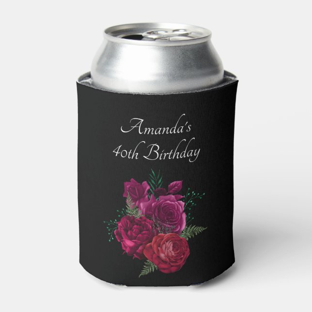 Elegant Magenta Rose Floral Bouquet Birthday Can Cooler (Can Front)