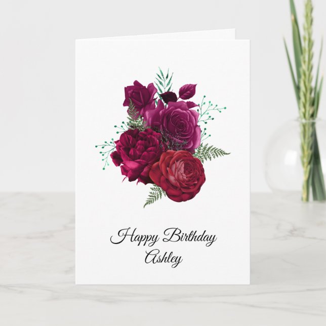 Elegant Magenta Rose Floral Bouquet Birthday Card (Front)