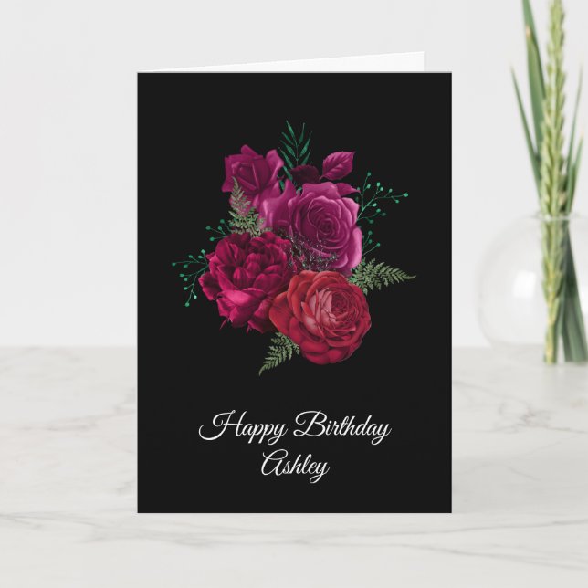 Elegant Magenta Rose Floral Bouquet Birthday Card (Front)