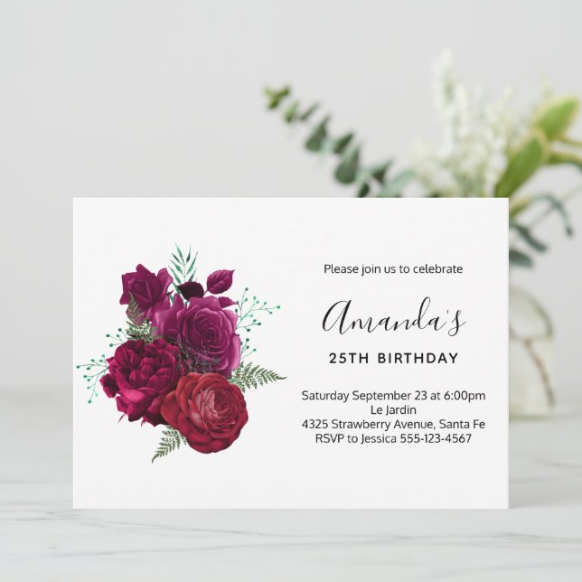  Elegant Magenta Rose Floral Bouquet Birthday Invitation (Standing Front)