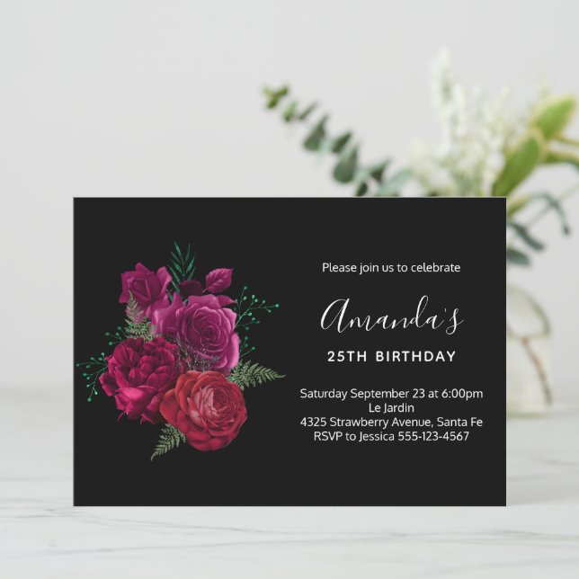  Elegant Magenta Rose Floral Bouquet Birthday Invitation (Standing Front)