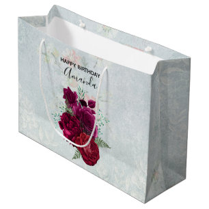 Elegant Magenta Rose Floral Bouquet Birthday Large Gift Bag
