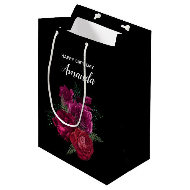 Elegant Magenta Rose Floral Bouquet Birthday Medium Gift Bag (Front Angled)