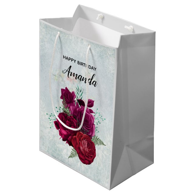Elegant Magenta Rose Floral Bouquet Birthday Medium Gift Bag (Front Angled)