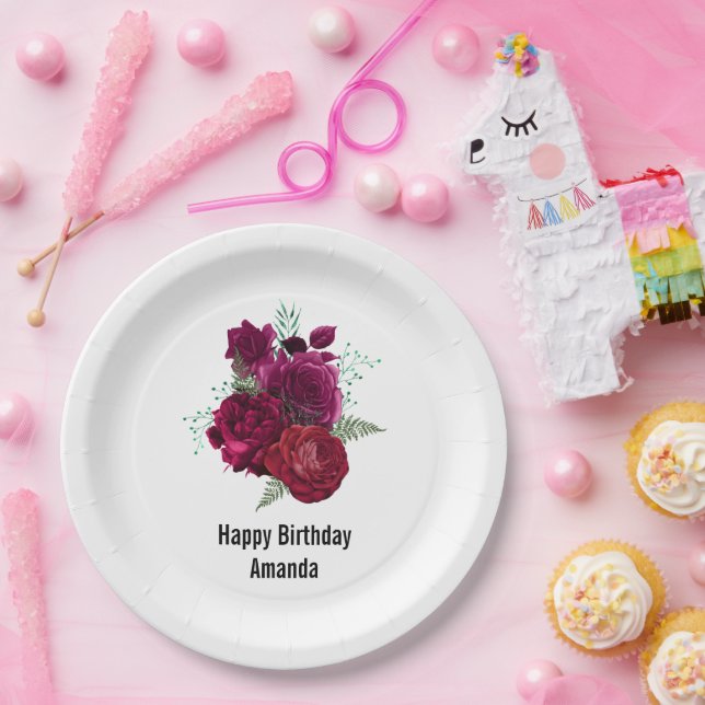 Elegant Magenta Rose Floral Bouquet Birthday Paper Plate (Party)