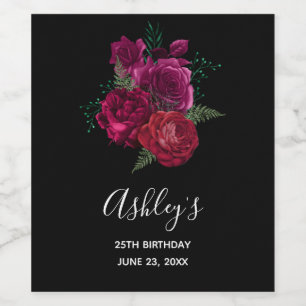 Elegant Magenta Rose Floral Bouquet Birthday Wine Label