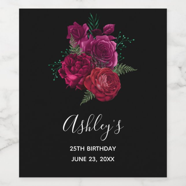 Elegant Magenta Rose Floral Bouquet Birthday Wine Label (Single Label)