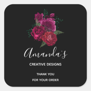 Elegant Magenta Rose Floral Bouquet Business Square Sticker