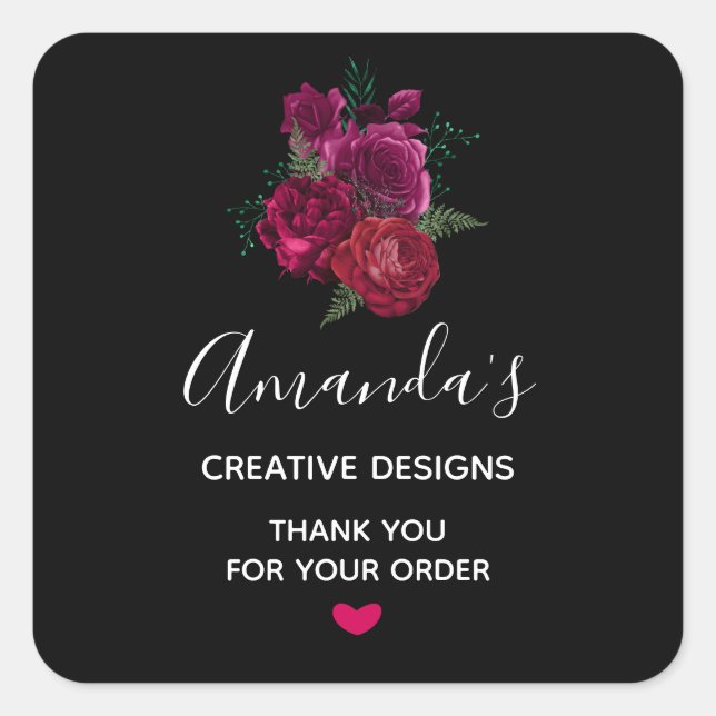 Elegant Magenta Rose Floral Bouquet Business Square Sticker (Front)